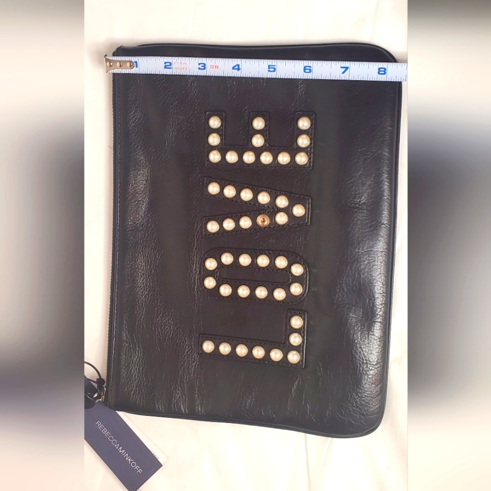 REBECCA MINKOFF-Clutch&Wristlet"LOVE"  leather black and pearls studs Bag - Picture 7 of 14